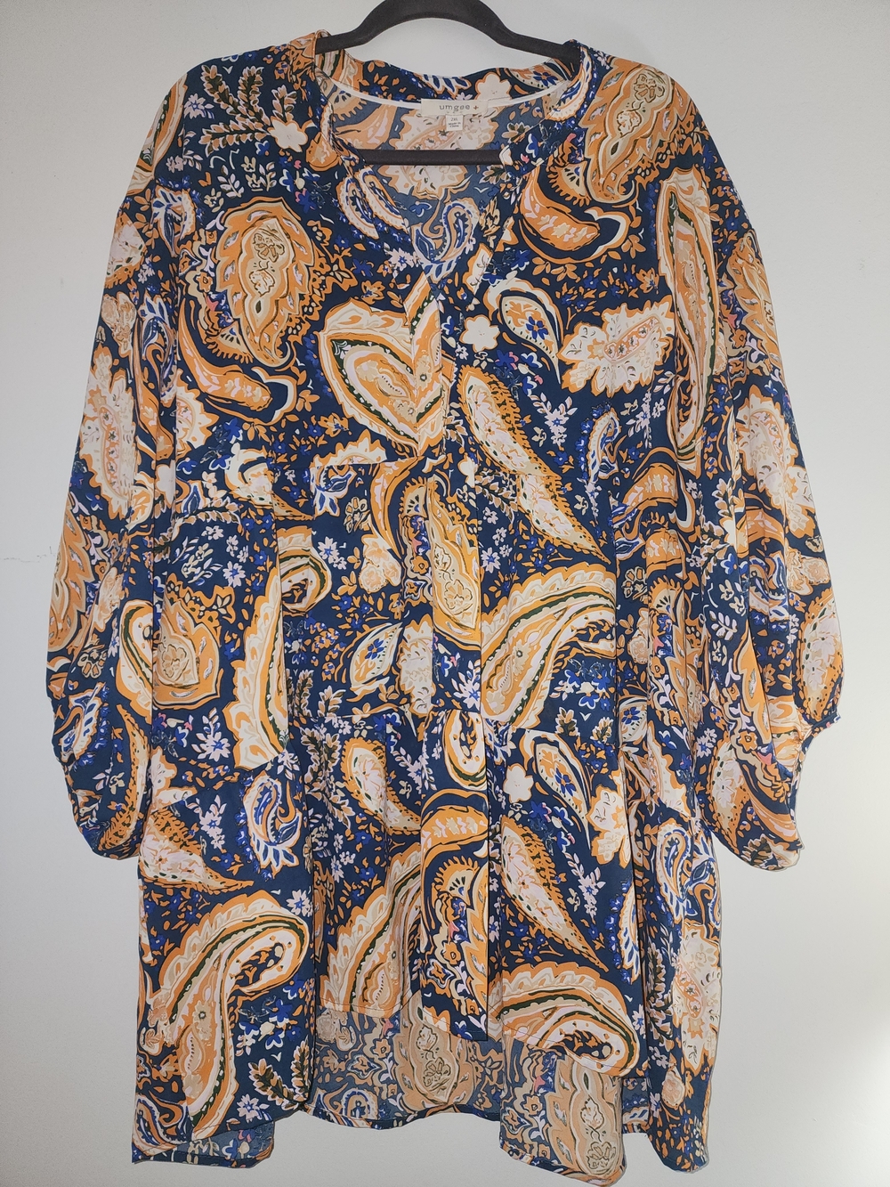 Plus Womens Umgee Navy and Mustard Paisley Button-Front Tunic